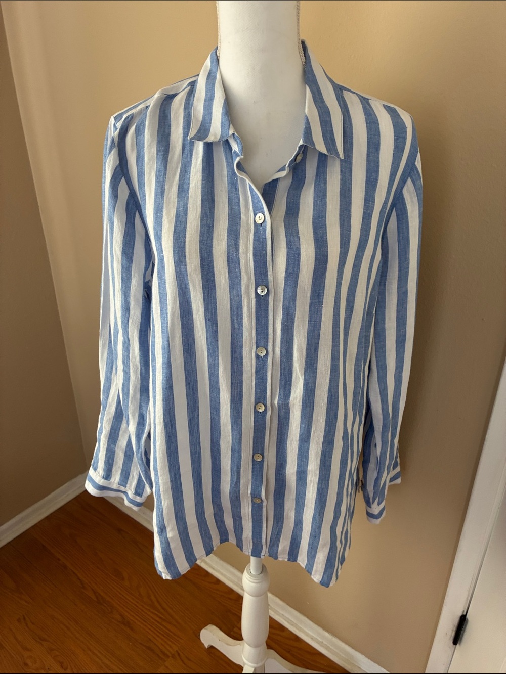 J. Jill Size Love Linen blouse Striped Tunic Top Blue WH Coastal Lagenlook